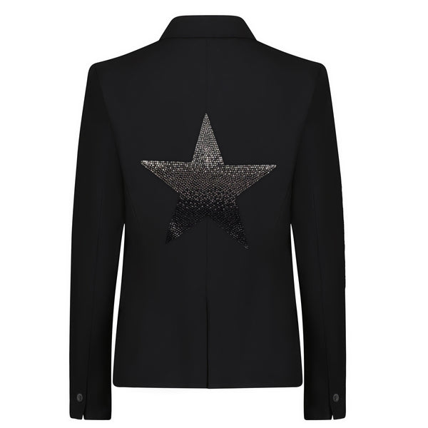 Back view of a black blazer with a large silver-to-dark ombre rhinestone star.