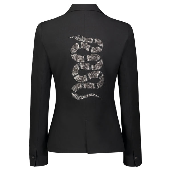 Back view of a black blazer with a large coiled silver rhinestone snake.
